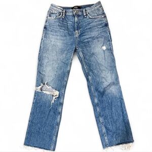 Hudson Remy High-waisted straight leg distressed denim jeans, raw hem, size 25